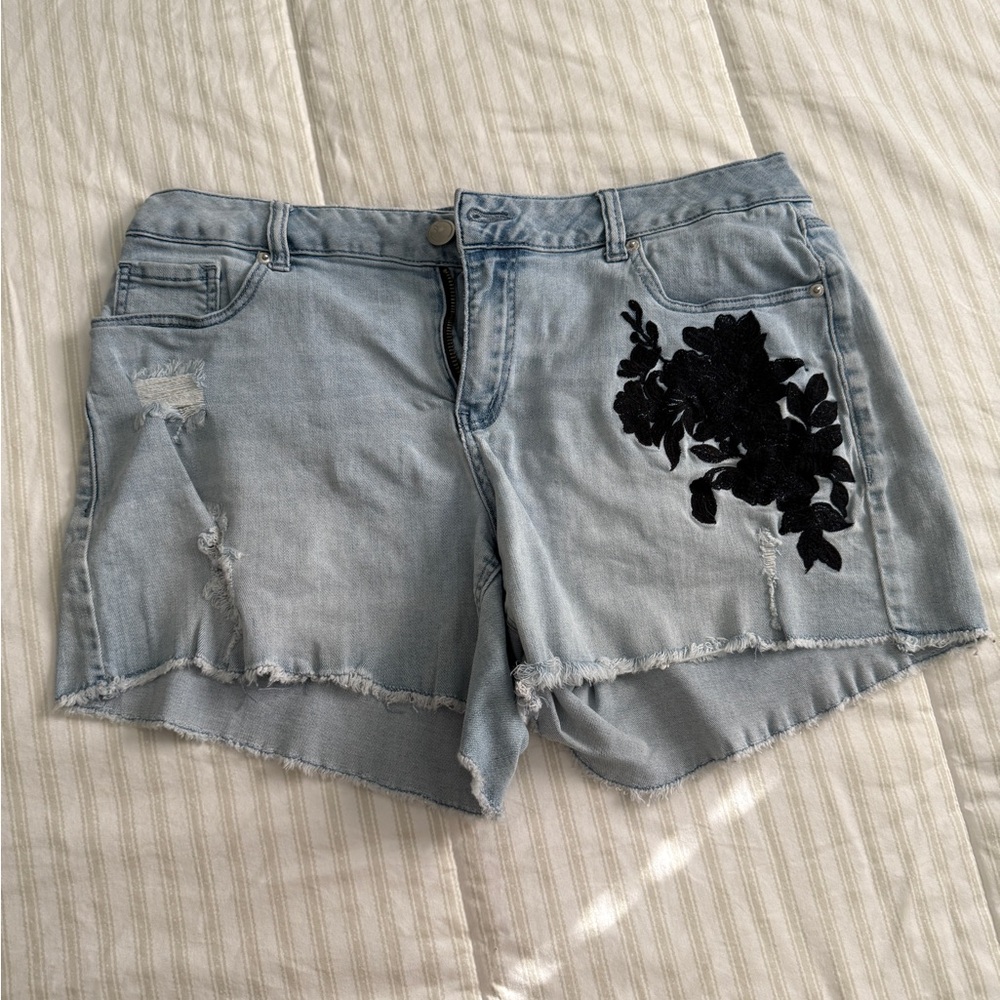 Lane Bryant Blue and Black Jean Shorts with Distressed Hem
